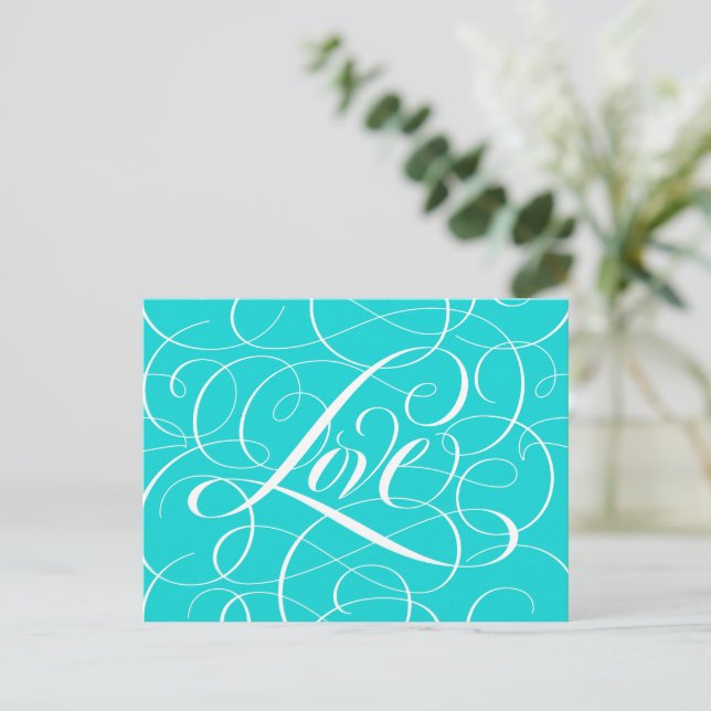 Valentine Calligrafy Liebe Herz Aquamarin Aqua Postkarte (Stehend Vorderseite)