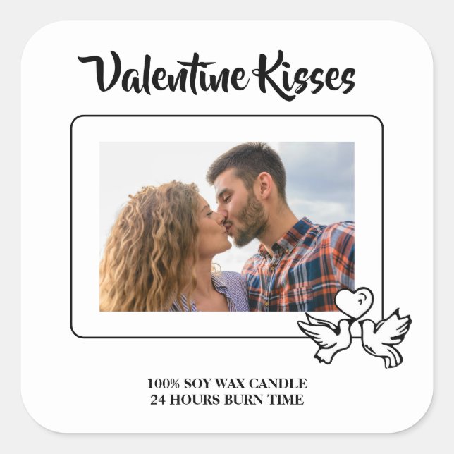 Valentine Candle Label | Sweet Kisses & Love Birds Quadratischer Aufkleber (Vorderseite)