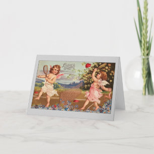 Valentine Card Cupids Playing Tennis Feiertagskarte