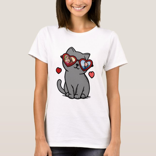 Valentine Cat Heart Shaped Glasses Custom Fotos T-Shirt (Vorderseite)