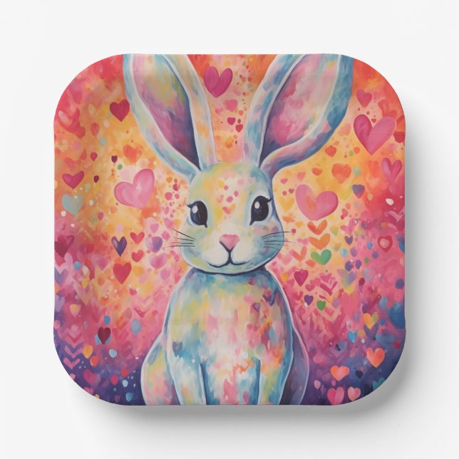 Valentine Colorburst Cottontail Bunny Pink und Pin Pappteller (Vorderseite)