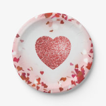 Valentine Confetti Red Glitzer Heart Paper Plate
