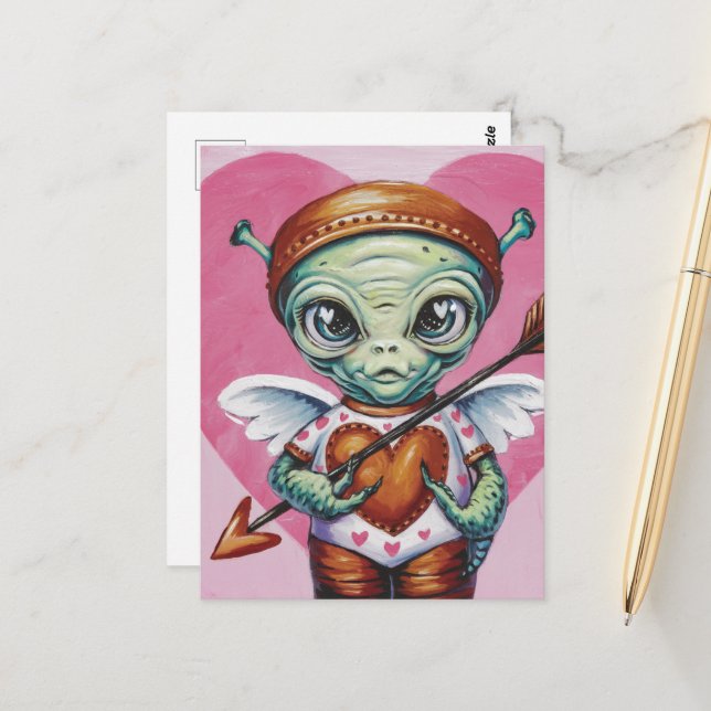 Valentine Cupid Alien Postkarte (Vorderseite/Rückseite Beispiel)