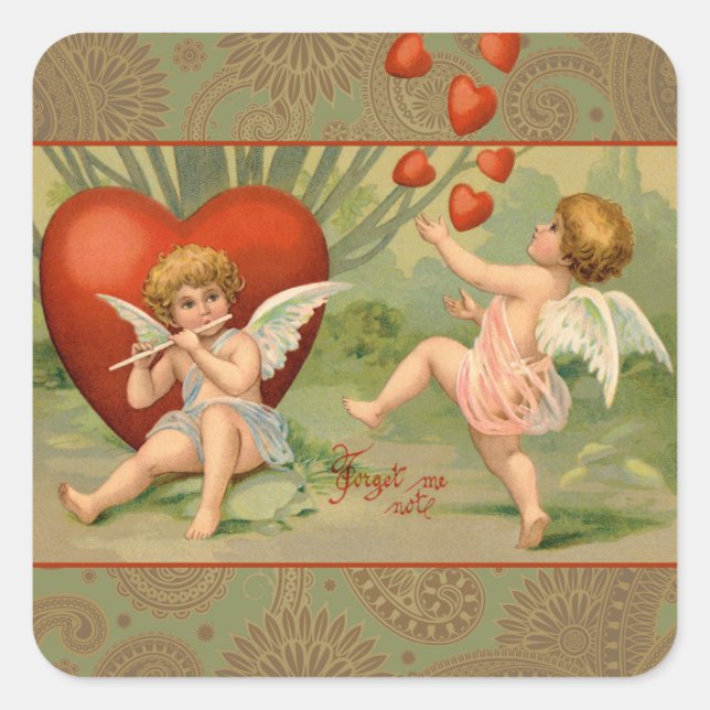 Valentine Cupids Liebe Antik Vintag Quadratischer Aufkleber (Vorderseite)