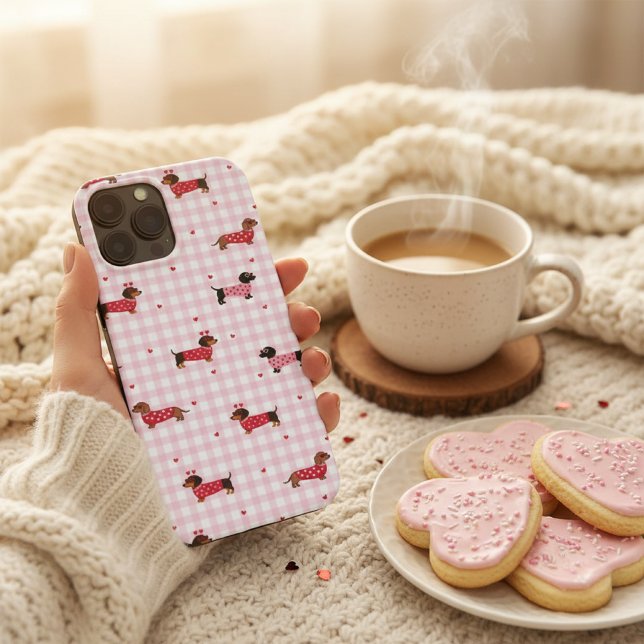 Valentine Dachshund Cute Pink Gingham Heart Dog Case-Mate iPhone Hülle (Von Creator hochgeladen)