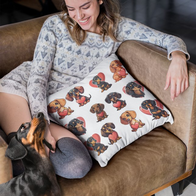 Valentine Dackel Watercolor Hundeherz Kissen (Valentine Dachshund Watercolor dog heart Throw Pillow)