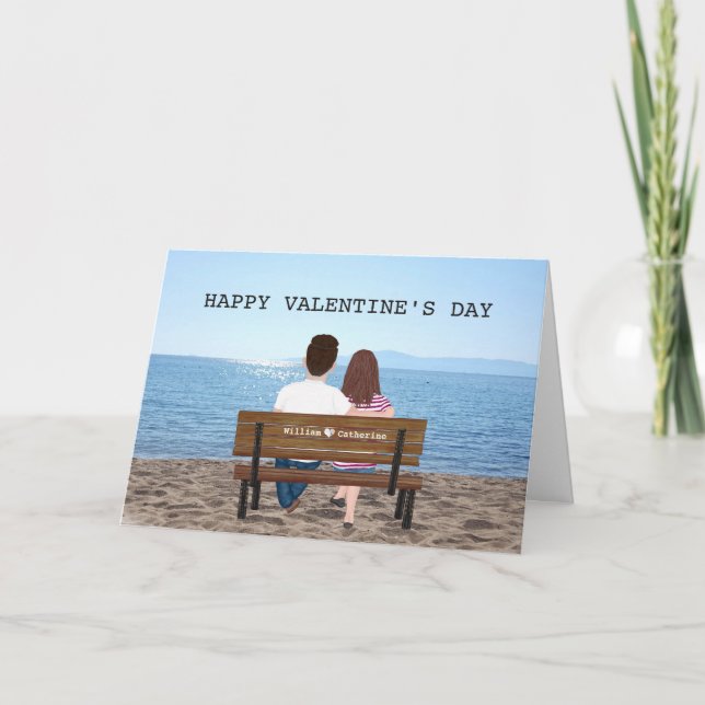 Valentine Day Couple Beach Bench Names Karte (Vorderseite)