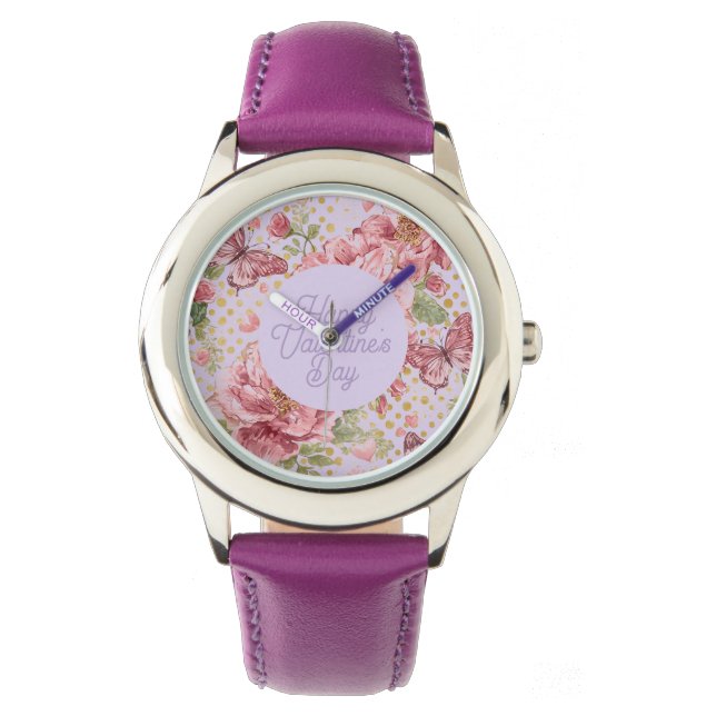 Valentine Days,Elegant,Purple Peach Flowers Patter Armbanduhr (Vorderseite)
