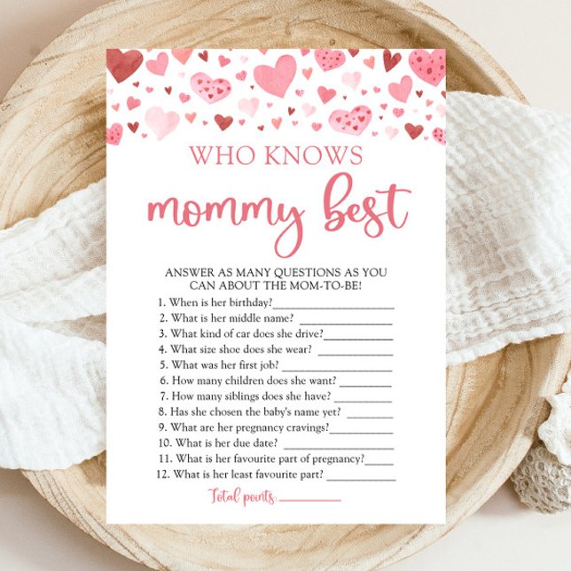 Valentine, die Mommy Best Baby Shower Game kennt Einladung (Watercolor Cute Pink Red Hearts Valentine Sweetheart Baby Girl Who Knows Mommy Best Baby Shower Game)