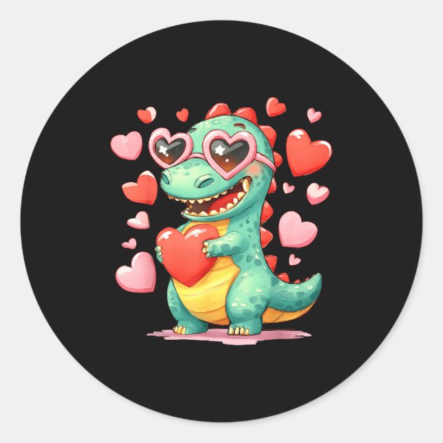 Valentine Dinosaur Trex Holding Heart Girl Sunl Bo Runder Aufkleber (Vorderseite)