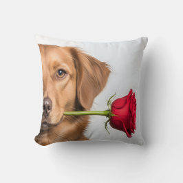 valentine dog holding rose portrait, cute dog kissen