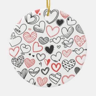 Valentine doodle hearts red and black hipster keramikornament