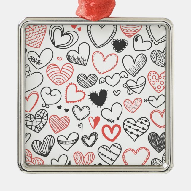 Valentine doodle herzen rot-schwarz Hipster Silbernes Ornament (Vorne)