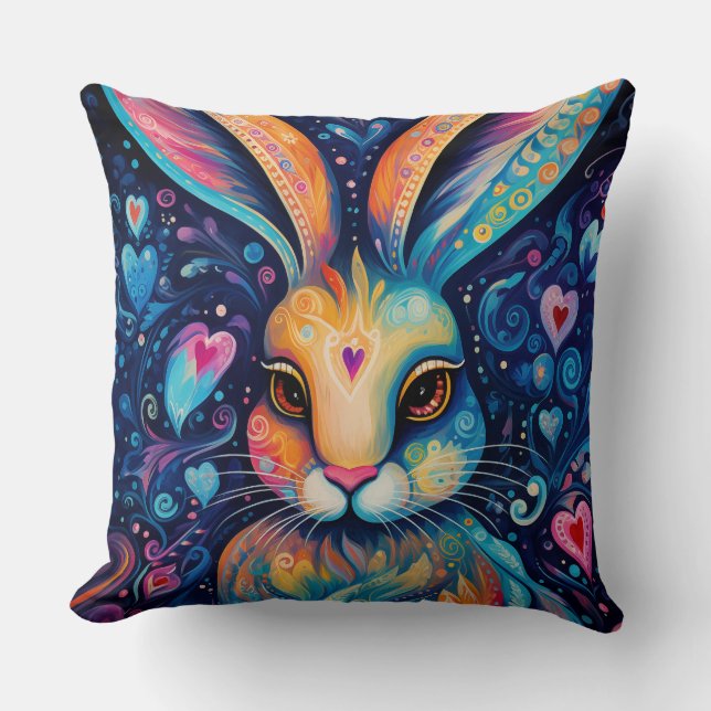 Valentine Dream Hearts: Regenbogen Doodle Bunny Kissen (Vorderseite)