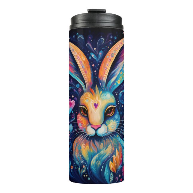 Valentine Dream Hearts: Regenbogen Doodle Bunny Thermosbecher (Vorderseite)