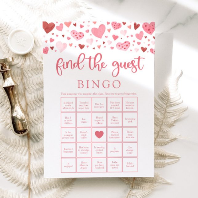 Valentine Finde das Guest Bingo Baby Shower Game Einladung (Watercolor Pink Red Hearts Valentine A Little Sweetheart Girl Find the Guest Bingo Baby Shower Game)