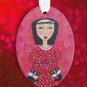 Valentine Folk Art Lady Herz Schwarze Katzen Liebe Ornament