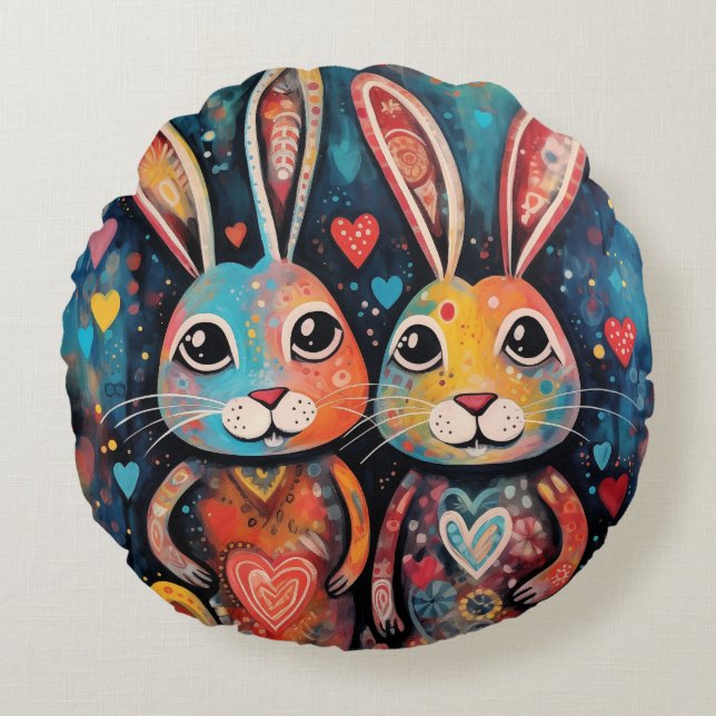 Valentine Friends Bunnies langes Herz Rundes Kissen (Vorderseite)