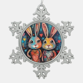 Valentine Friends Bunnies langes Herz Schneeflocken Zinn-Ornament