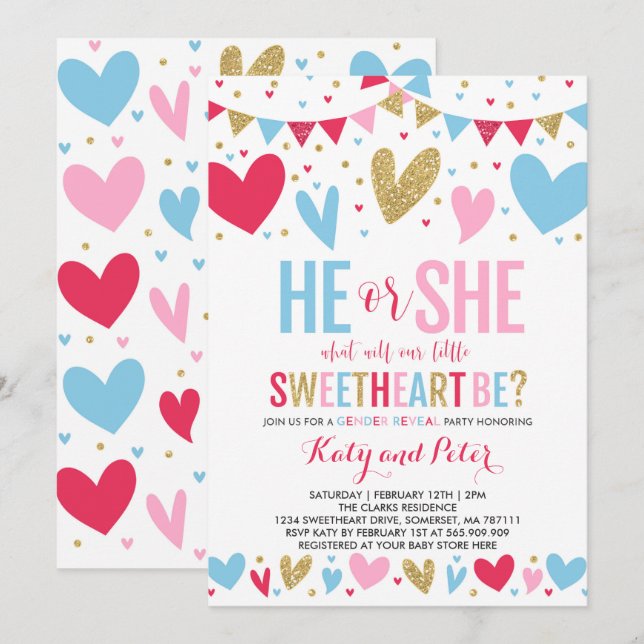Valentine Gender Reveal Party Sweetheart Reveal Einladung (Vorne/Hinten)