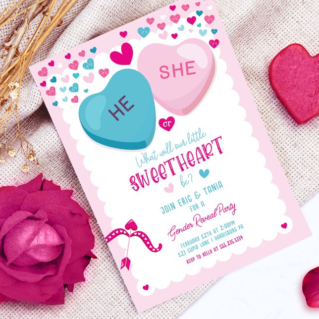 Valentine Gender Reveal Sweetheart Er oder sie Einladung (he or She Valentine gender reveal invitation)