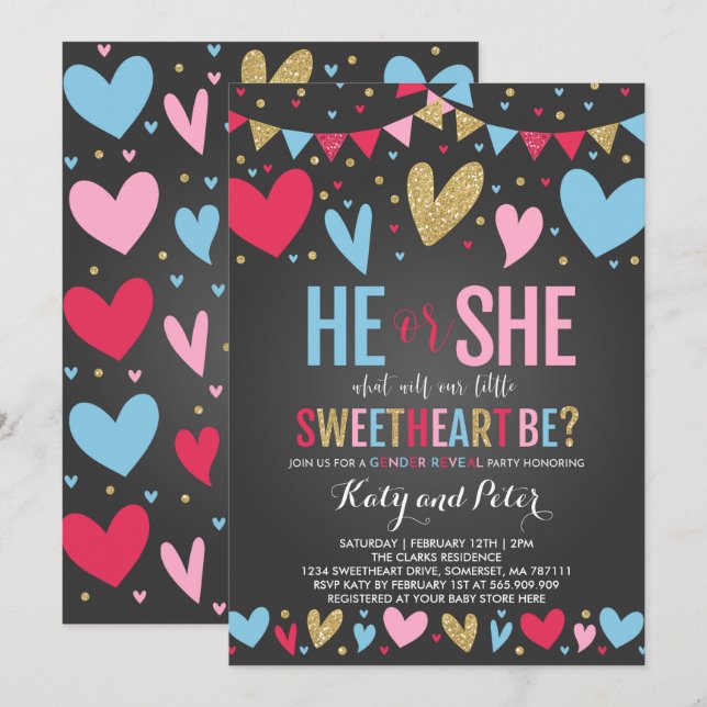 Valentine-Geschlecht decken Party auf, das Schatz Einladung (Vorne/Hinten)