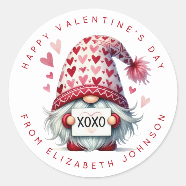 Valentine Gnome Personalisiert Name Round Stickers (Vorderseite)