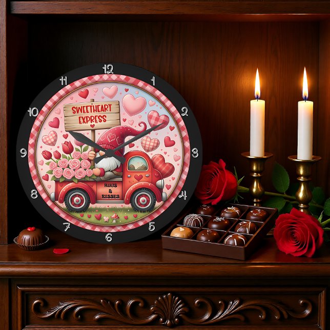Valentine Gnome Sweetheart Express Große Wanduhr (Von Creator hochgeladen)