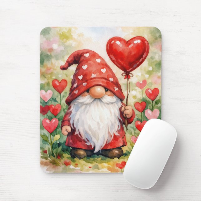 Valentine Gnome with Red Heart Balloon Mousepad (Mit Mouse)