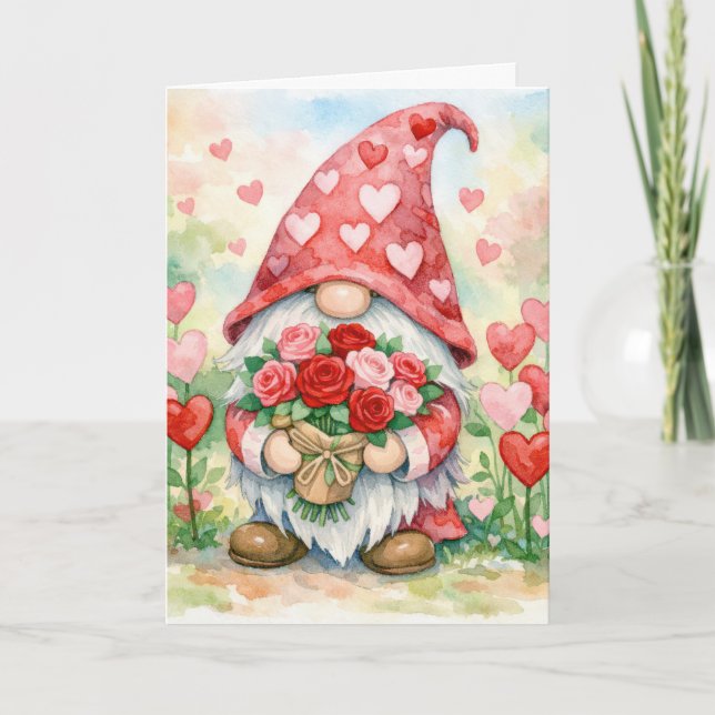 Valentine Gnome with Red Roses Karte (Vorderseite)