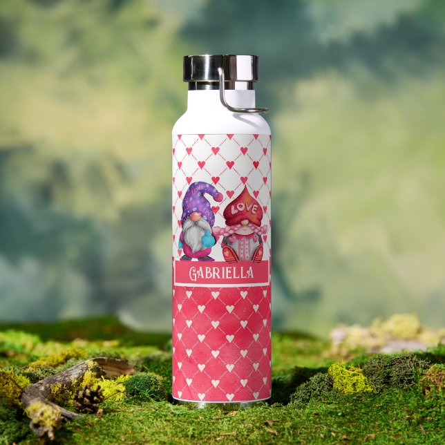 Valentine Gnomes und Herzmuster Personalisiert Trinkflasche (Außenbereich)
