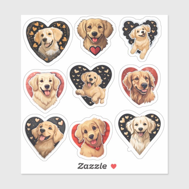 Valentine Golden Retriever Hund Set von 9 Aufklebe Aufkleber (Blatt)