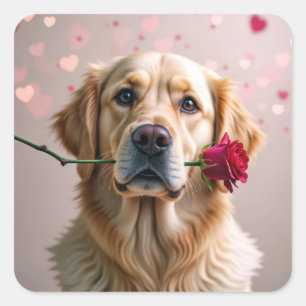 Valentine Golden Retriever mit Rote Rose Quadratischer Aufkleber