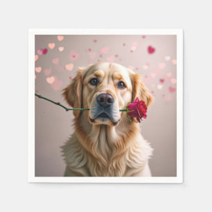 Valentine Golden Retriever mit Rote Rose Serviette