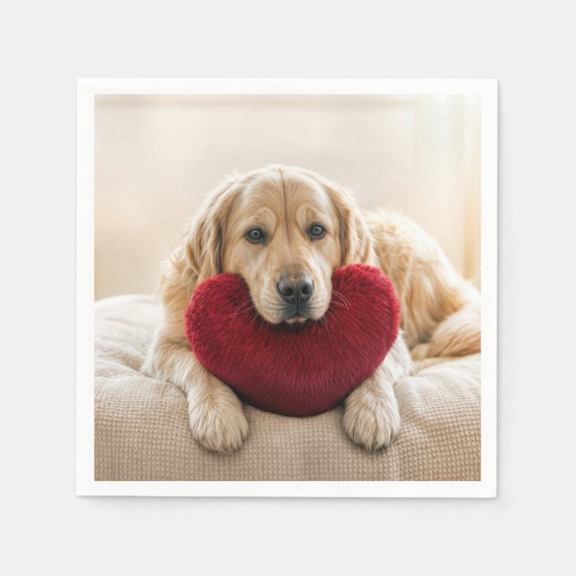 Valentine Golden Retriever with Heart Pillow Serviette (Vorderseite)