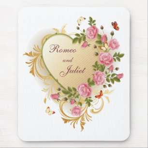 Valentine - goldgestreiftes Herz mit Rose Mousepad