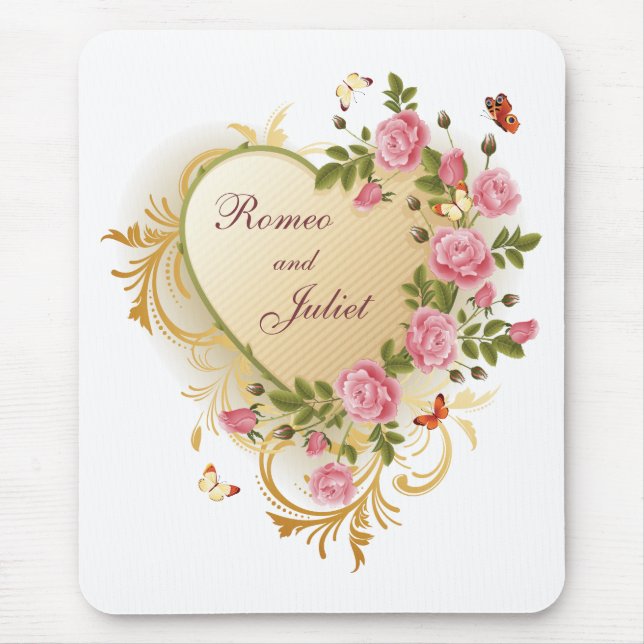 Valentine - goldgestreiftes Herz mit Rose Mousepad (Vorne)