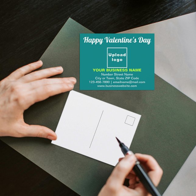 Valentine Gruß auf Aquamarine grüne Postkarte (Business brand with Valentine greeting on teal green postcard to advertise your business.)