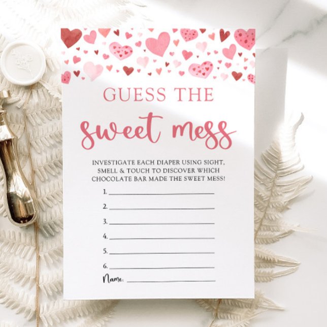 Valentine Guess the Sweet Mess Baby Shooting Game Einladung (Watercolor Cute Pink Red Hearts Valentine Sweetheart Baby Girl Guess the Sweet Mess Baby Shower Game)