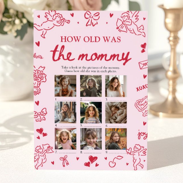 Valentine Hand Drawn How Old Was The Mommy Game Einladung (Valentine Hand Drawn How Old Was The Mommy Game)