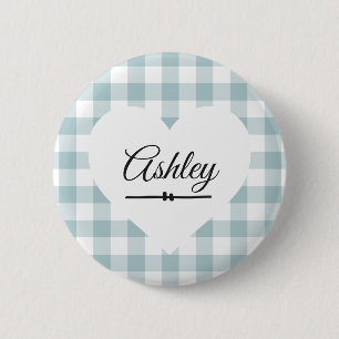 Valentine Heart Blue Gingham Name Monogram Button