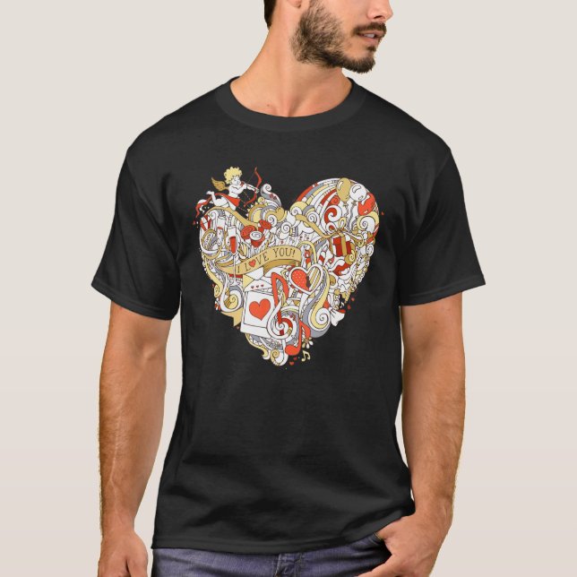 Valentine Heart Cupids Musical Notes Wine Gift T-Shirt (Vorderseite)