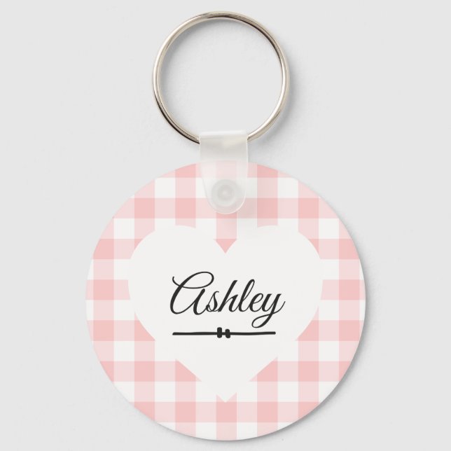 Valentine Heart Pink Gingham Name Monogram Schlüsselanhänger (Vorderseite)