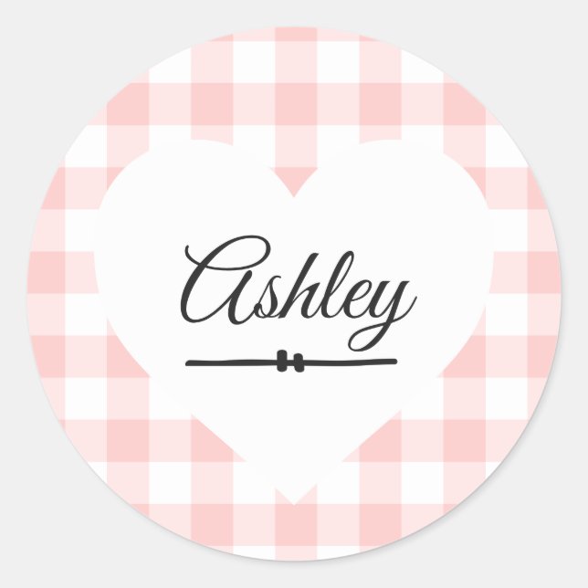 Valentine Heart Pink Gingham Pattern Name Monogram Runder Aufkleber (Vorderseite)