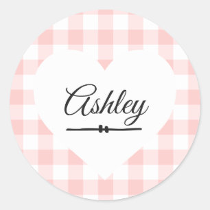 Valentine Heart Pink Gingham Pattern Name Monogram Runder Aufkleber