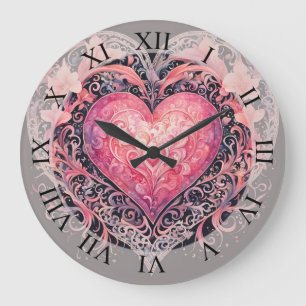 Valentine Heart Pink Liebe Blume Ornamente Große Wanduhr