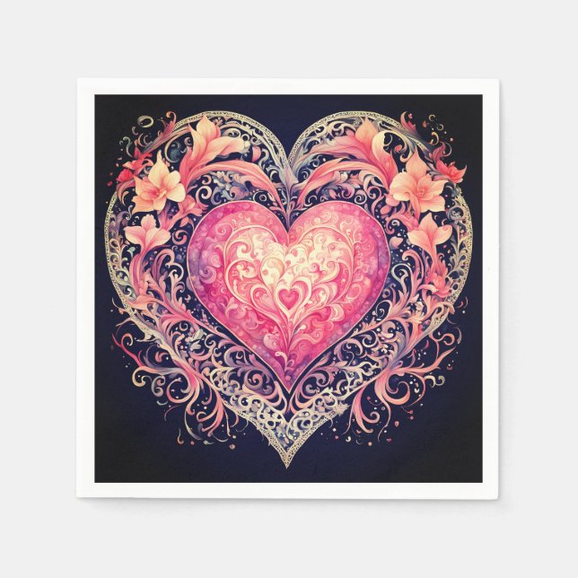 Valentine Heart Pink Liebe Blume Ornamente Serviette (Vorderseite)