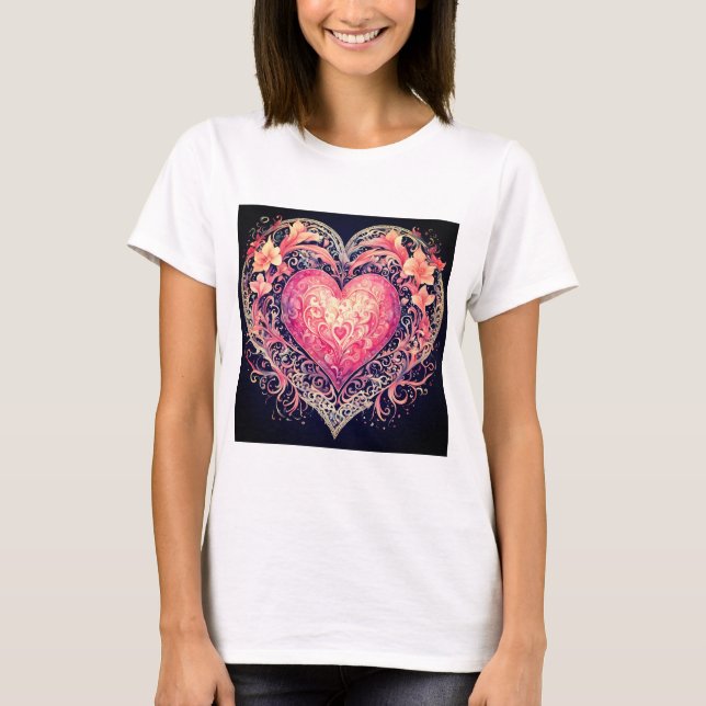 Valentine Heart Pink Liebe Blume Ornamente T-Shirt (Vorderseite)
