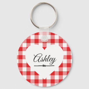 Valentine Heart Red Gingham Name Monogram Schlüsselanhänger