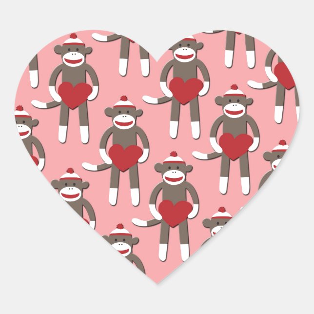Valentine Heart Sock Monkey Print Herz-Aufkleber (Vorderseite)